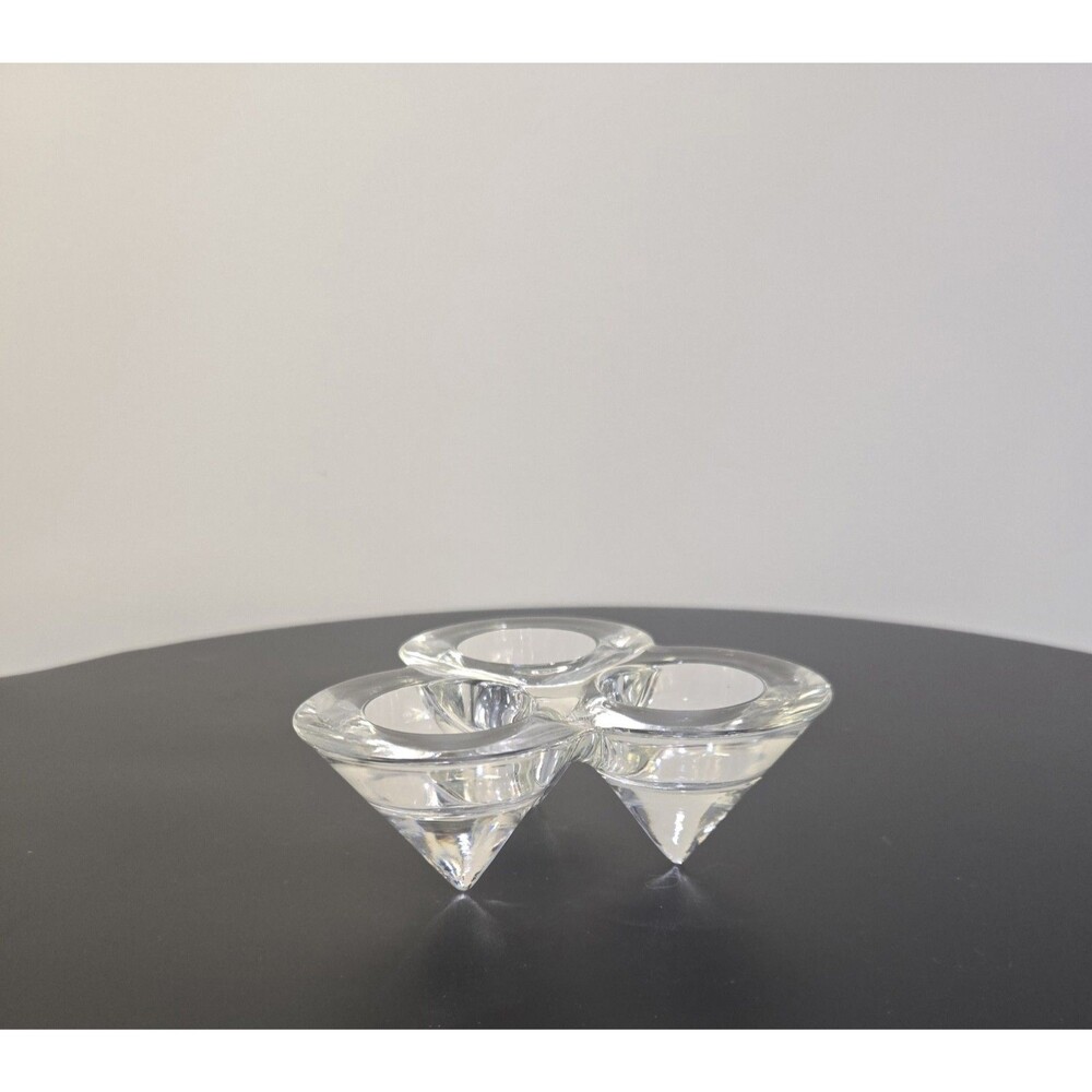 Modern Crystal Triple Tealight Holder MCM Scandinavian Glass Votive 5”